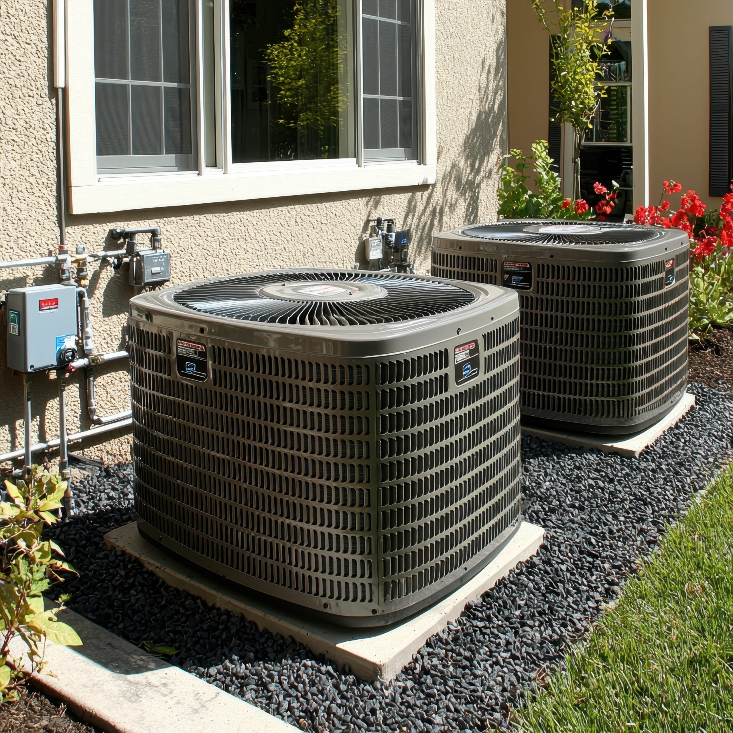 Two new HVAC units installed by professional services on gravel base outside residential building showcasing modern climate control solutions and efficiency.